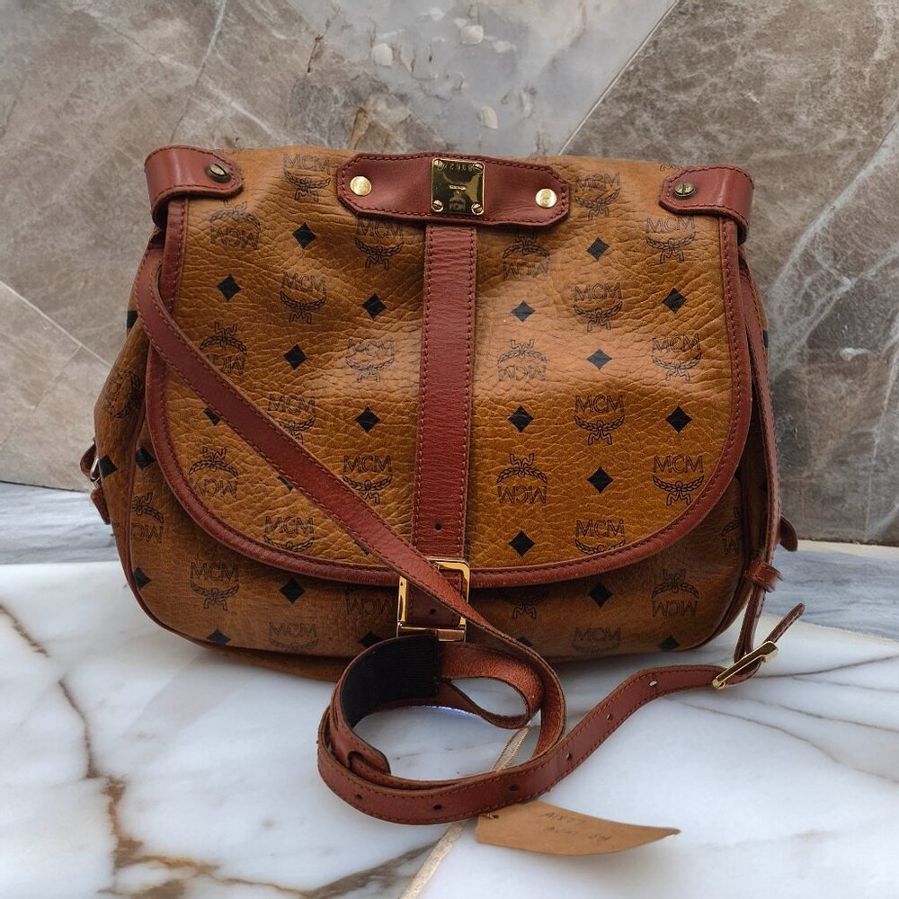 MCM Visetos Cognac Coated Canvas and Leather Double-sided messenger bag w/COA